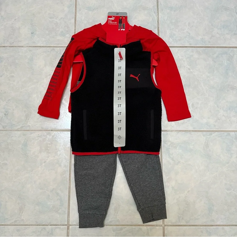 NWT PUMA Kids' 3-piece Red and Black Fleece Vest Set Size 3T